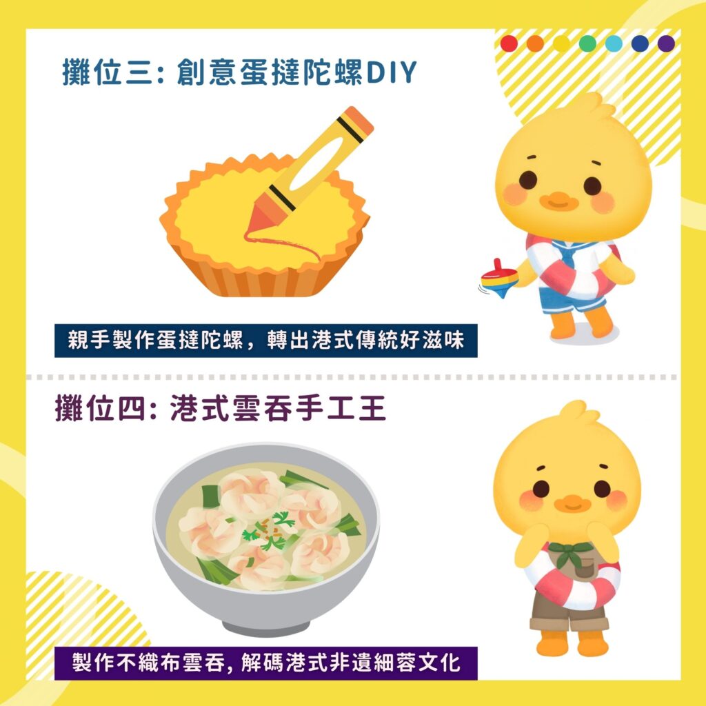 攤位三: 創意蛋撻陀螺DIY
親手製作蛋撻陀螺，轉出港式傳統好滋味

攤位四: 港式雲吞手工王
製作不織布雲吞, 解碼港式非遺細蓉文化

